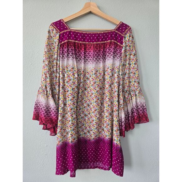 Ivy Jane Boho Floral Bell Sleeve Tunic Top Size S Purple Pink Embroidered Rayon - Picture 5 of 8